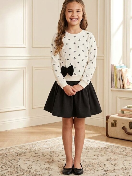 Other - SET: Taha & Justice Girls Cream Bow Sweater & Black Skirt Set